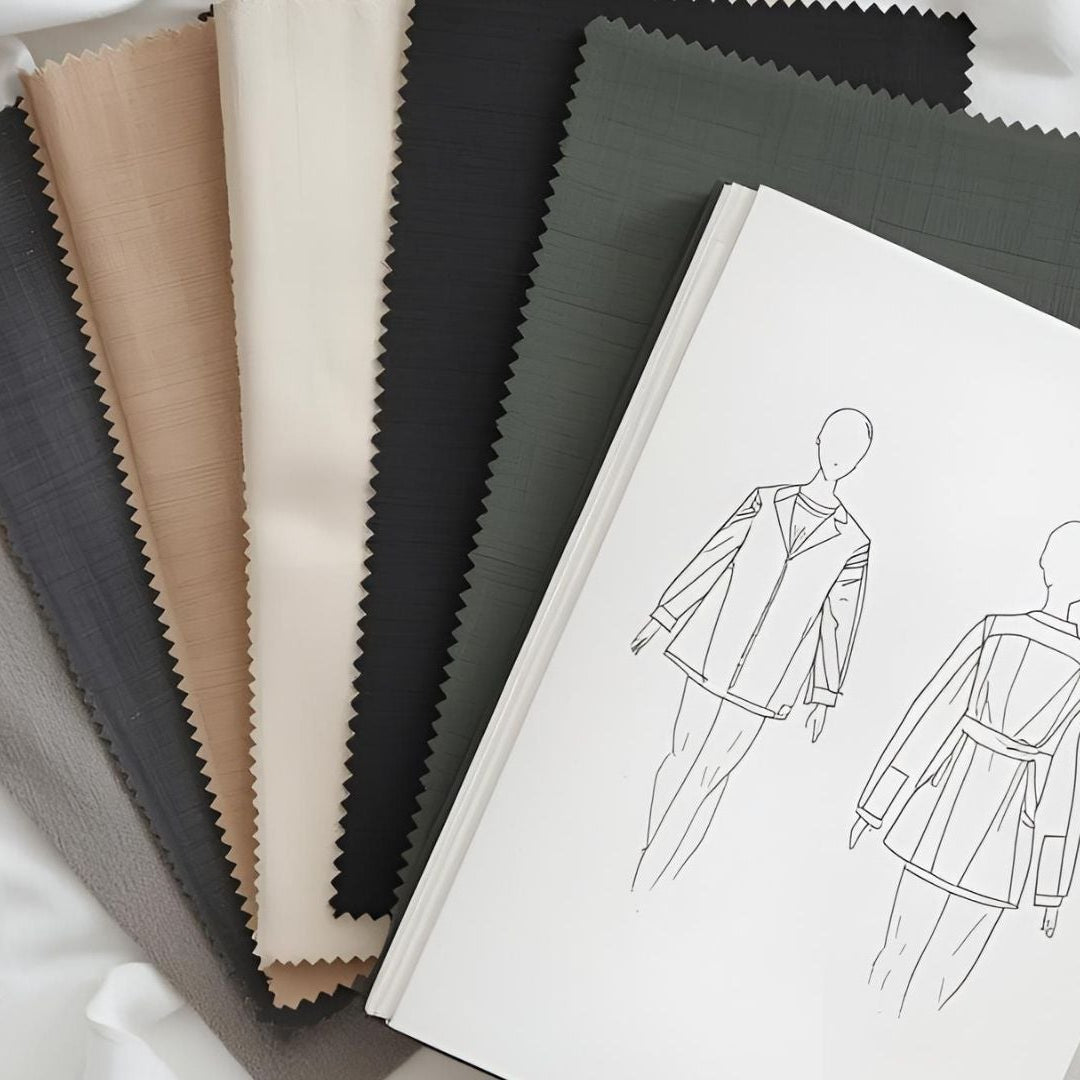 Fabric swatches and fashion sketches on a white fabric background