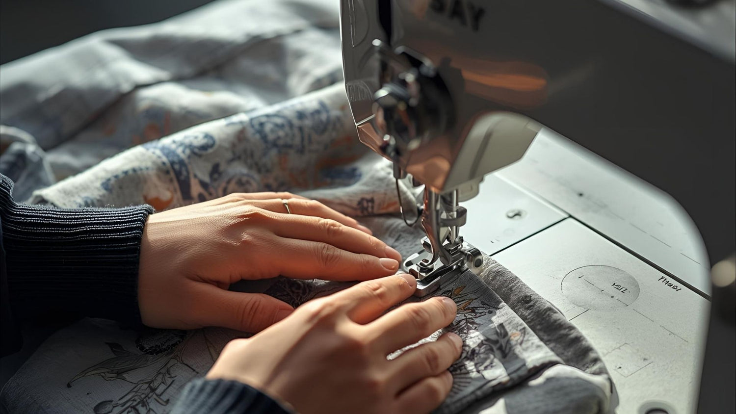 Person using a sewing machine on fabric with floral patterns